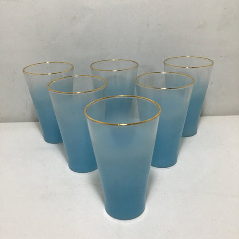 Set of 6 Vintage MCM Blendo Tuquoise Frosted Glass Tumblers