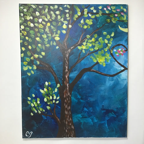 Original Blue & Green Tree Leaves Acrylic Painting on Canvas