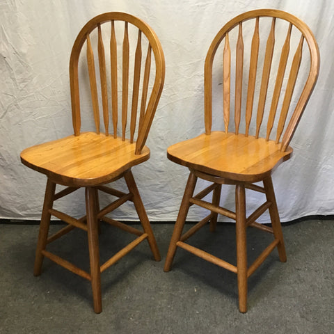Pair of Modern Solid Oak Swivel Counter Stools