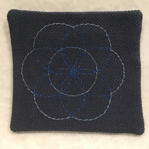 Twin Cat Blue & Silver Embroidered Sashiko Seed of Life Mat