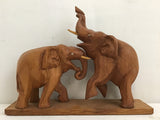 Vintage MCM Solid Teak Tustling Elephants Sculpture