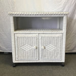 Vintage White Wicker Rolling 2-Tier Entertainment Stand