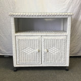 Vintage White Wicker Rolling 2-Tier Entertainment Stand