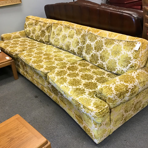Vintage Mid-Century Yellow Bold Floral Velveteen 3-Cushion Sofa