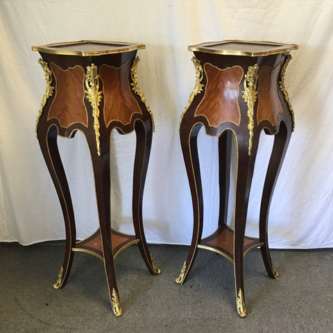 Pair of Tall Mahogany Veneer 2-Tier Plant Stands