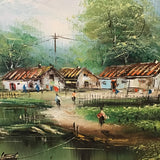Framed Signed Original Mountain River Village Landscape Oil Painting