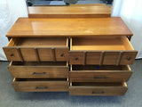 Vintage MCM Walnut Veneer 6-Drawer Dresser & Mirror