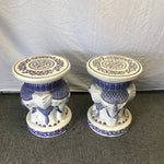 Pair of Modern White & Blue Ceramic Elephant Garden Stools