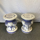 Pair of Modern White & Blue Ceramic Elephant Garden Stools