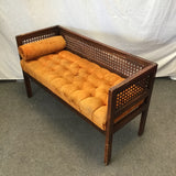 Vintage Wood & Cane Orange Upholstered Settee