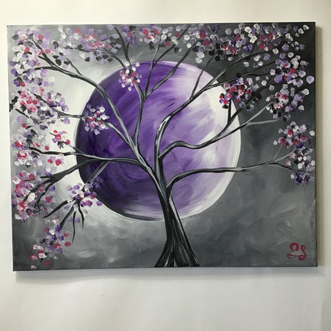 Original Purple & Grey Purple Moon Blossoms Acrylic Painting on Canvas
