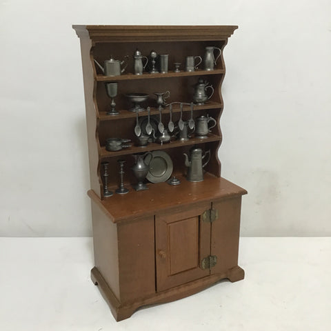 40pc Vintage Franklin Mint 1/6 Dollhouse China Cabinet & Pewter Dishware Set