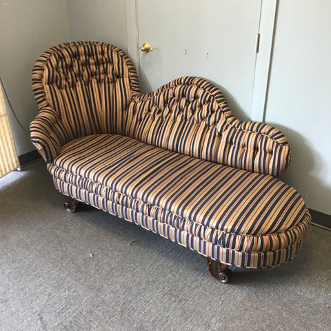 Reupholstered Antique Blue & Gold Striped Fainting Couch