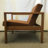 Vintage MCM Solid Oak & Brown Upholstered Armchair