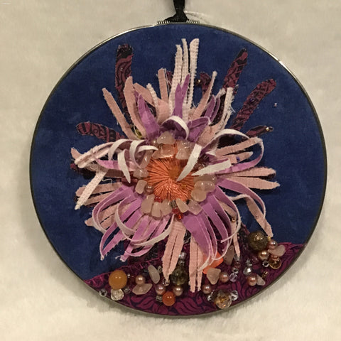 Twin Cat "Sea Anemone" Pink & Blue Embroidery in Vintage Hoop