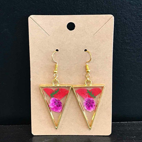 Rustic Petal Shop Pressed Red & Pink Flowers in Gold Triangle Earrings