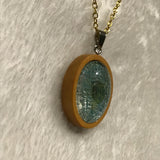 Twin Cat Blue Print in Wood Bezel Necklace on Gold Chain