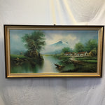 Framed Signed Original Mountain River Village Landscape Oil Painting