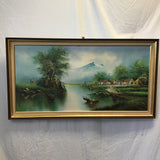 Framed Signed Original Mountain River Village Landscape Oil Painting