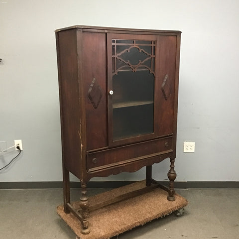 Vintage Dark-Stained Mahogany Veneer Glass-Front China Cabinet