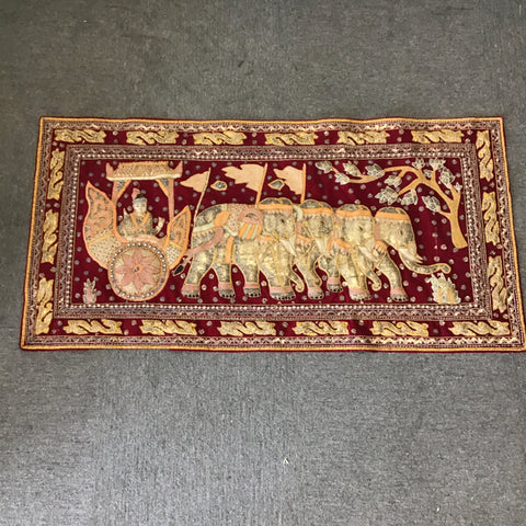 Vintage Kashmir Hand Embroidered Red & Gold Elephant Tapestry