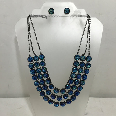 3pc Vintage Blue 3-Tier Necklace & Earrings Set