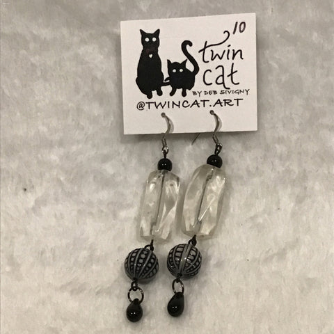Twin Cat Black, White, & Clear Dangle Earrings