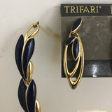 Vintage 3pc Trifari Blue Enamel Foliate on Gold-Tone Necklace & Earrings Set