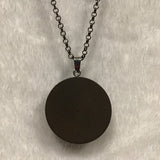 Twin Cat Pink Botanical Print in Dark Wood Bezel Necklace on Dark Metal Chain