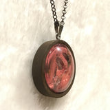 Twin Cat Pink Botanical Print in Dark Wood Bezel Necklace on Dark Metal Chain