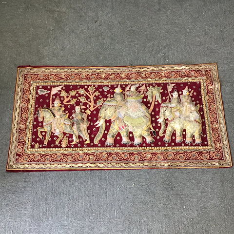Vintage Kashmir Hand Embroidered Red & Gold Elephant Tapestry