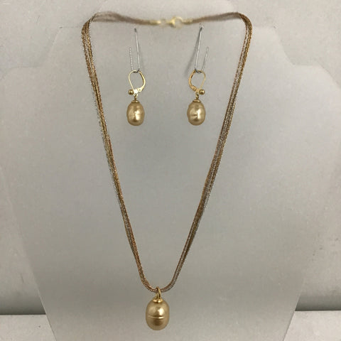 3pc Sterling & Golden Acoya Pearl Necklace & Earrings Set