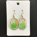 Rustic Petal Shop Pressed Green & Yellow Flowers in Gold Oval Earrings
