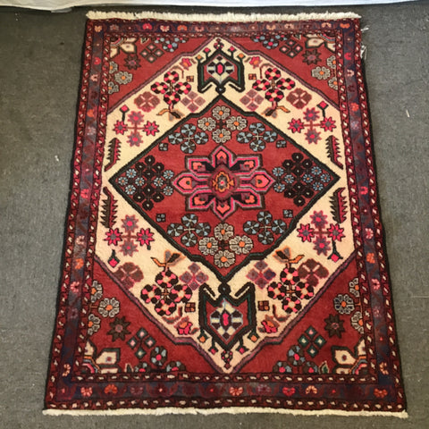 Vintage Red & Off-White Wool 3.5x5 Area Rug