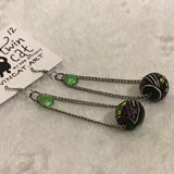 Twin Cat Green, Black, & Purple Beads on Chain Dangle Earrings