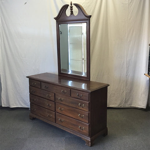 Vintage Black Walnut Veneer 9-Drawer Dresser & Mirror