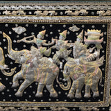 Vintage Framed Hand Embroidered Black & Gold Pillowed Elephant Tapestry