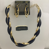 Vintage 3pc Trifari Blue Enamel Foliate on Gold-Tone Necklace & Earrings Set