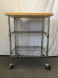 Modern Tropical Wood Butcher Block & Silver Metal 3-Tier Kitchen Cart