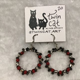 Twin Cat Red & Black Beaded Hoop Dangle Earrings
