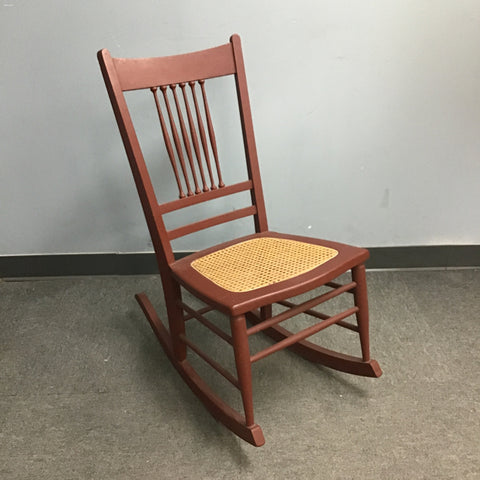 Vintage Red Painted Wooden Spindle Back Rocking Chair with Cane Seat