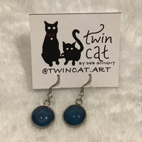 Twin Cat Blue Circle Drop Earrings