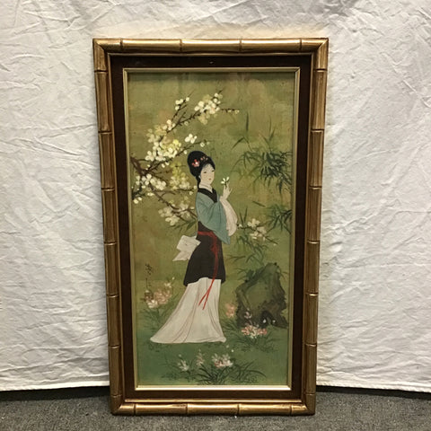 Signed Original Vintage Japanese Floral Portrait Watercolour Painting