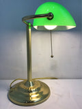 Vintage Green Glass & Brass Metal Banker's Table Lamp