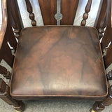 Vintage Jacobean Revival Solid Walnut & Brown Vinyl Rolling Armchair