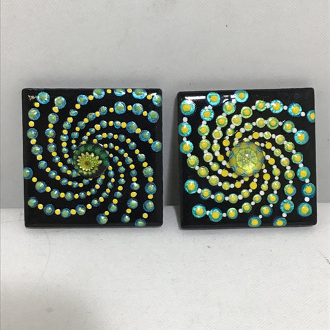 Susan Sitaraman Single Hand Painted Spiral Mandala On Black Tile Magnet