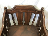 Vintage Jacobean Revival Solid Walnut & Brown Vinyl Rolling Armchair