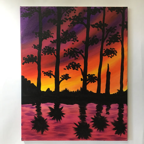 Original Pink & Orange Forest Sunset Acrylic Painting on Canvas