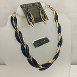 Vintage 3pc Trifari Blue Enamel Foliate on Gold-Tone Necklace & Earrings Set