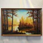Framed Signed Original Autumn Forest River Landscape Oil Painting